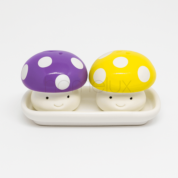 Whimsical Polka Dot Mushroom Salt and Pepper Shaker Set with Tray