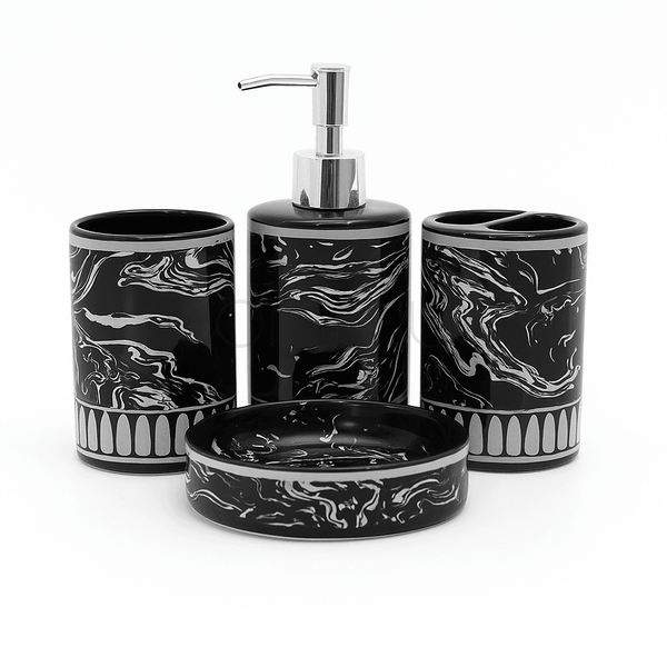 Luxury Black and White Marble-Effect 4-Piece Bath Accessory Set