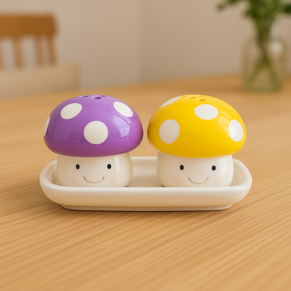 Whimsical Polka Dot Mushroom Salt and Pepper Shaker Set with Tray