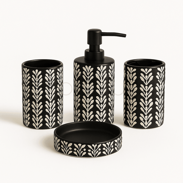 Bohemian Black and White 4-Piece Ceramic Bath Accessory Set