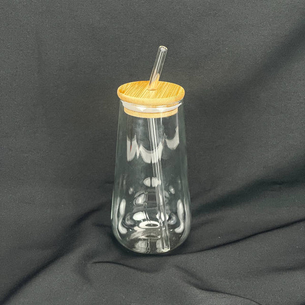 Tall Glass With Wood Lid and Straw