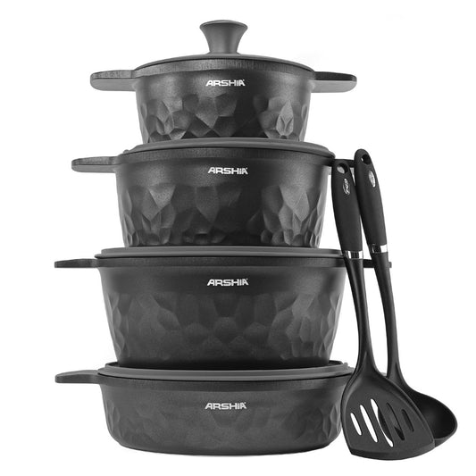 Arshia Premium Die-Casted Aluminium 8pcs Cookware Set Silicon Glass Lid Black