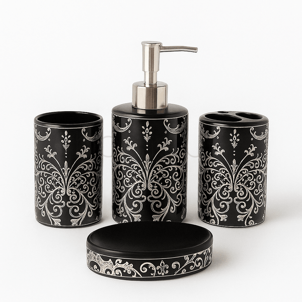 Elegant Black and Silver Butterfly 4-Piece Bath Accessory Set
