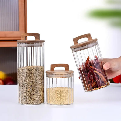 Striped Glass Seasoning Jar With Bamboo Lid