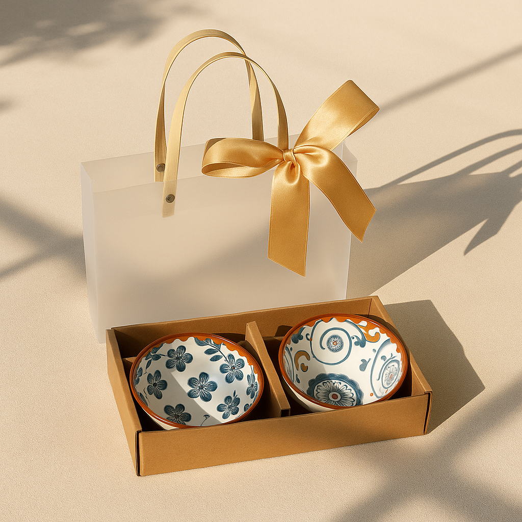 Elegant Japanese Ceramic Bowls with Golden Ribbon Bag – Set of 2