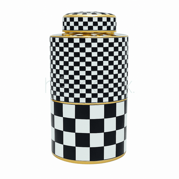 Tall Black & White Checkered Ceramic Candy Jar