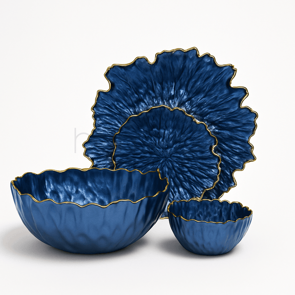 Vibrant Sapphire Blue and Gold Petal Serving Set (14 pieces)