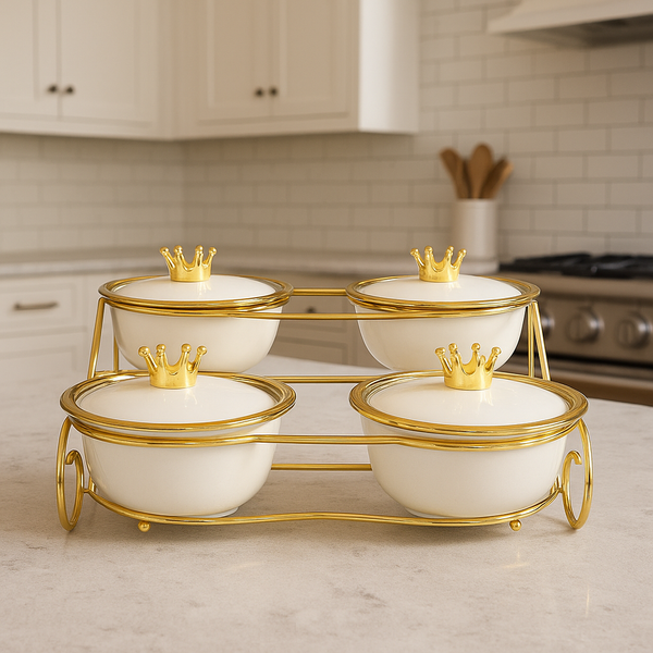 White & Gold 4-Piece Crown Condiment Set with Stand