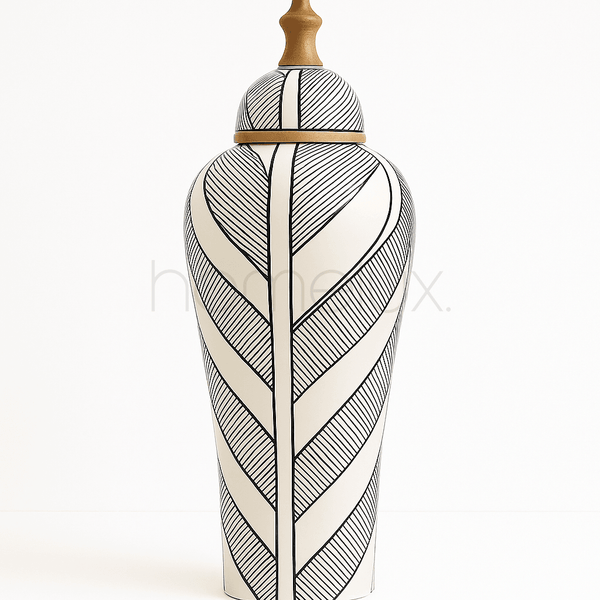 Tall Leaf Pattern Ceramic Jar with Wooden Finial