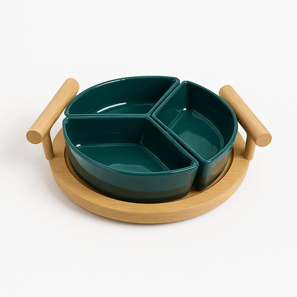 Green 3-Partition Ceramic Serving Tray with Wooden Base
