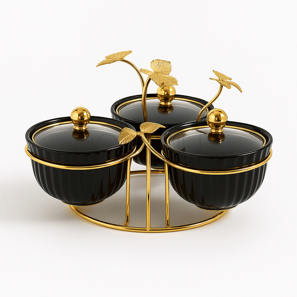 Elegant Black & Gold 3-Piece Leaf Condiment Set