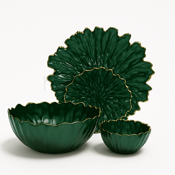 Regal Emerald Green and Gold Petal Serving Set (14 pieces)