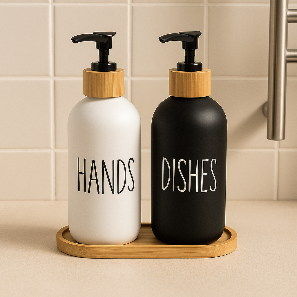 Dual Soap Dispenser with Bamboo Tray