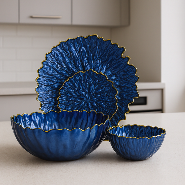 Vibrant Sapphire Blue and Gold Petal Serving Set (14 pieces)