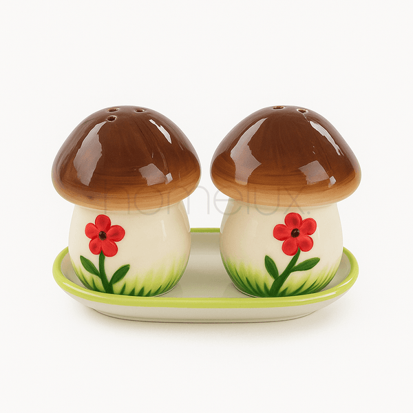 Novelty Ceramic Mushroom Salt and Pepper Shaker Set with Tray