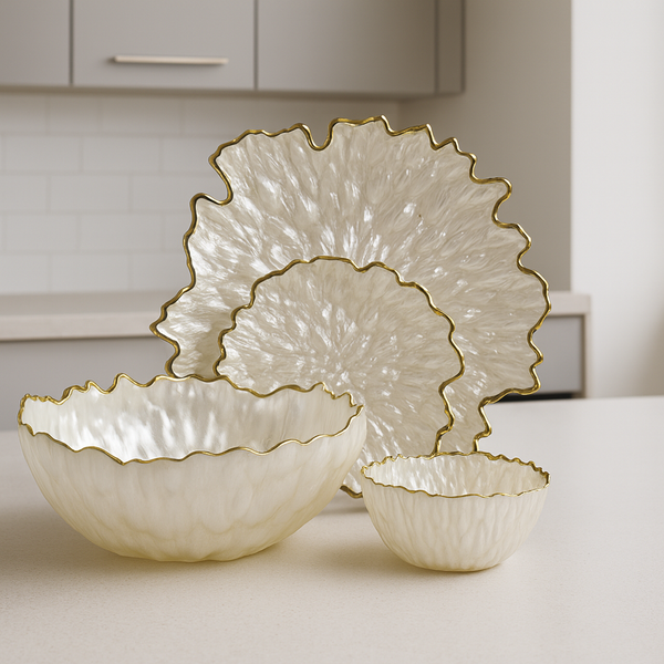 Opulent White Swirl and Gold Trim Serving Set (14 pieces)