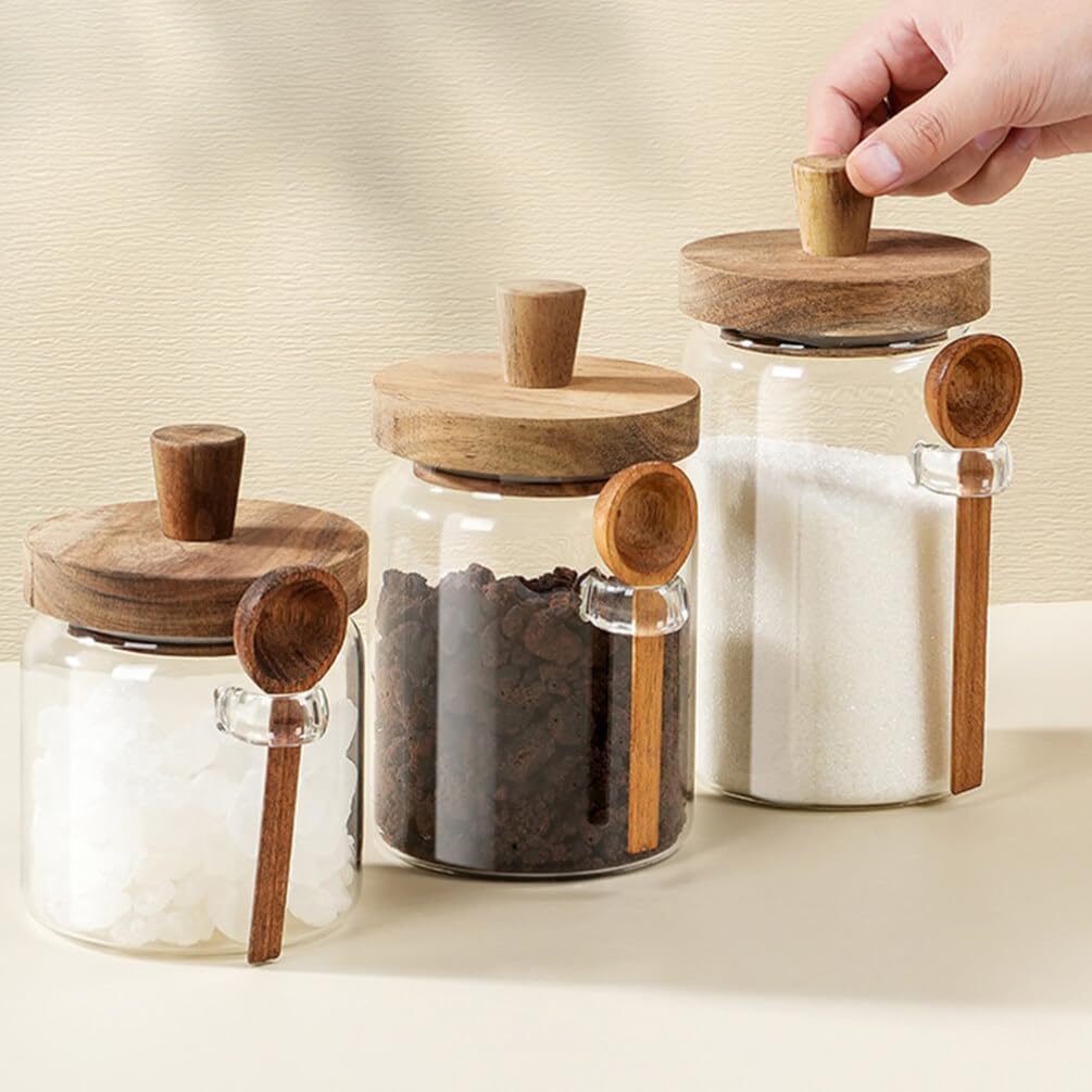 Wooden Knob Glass Jar With Spoon