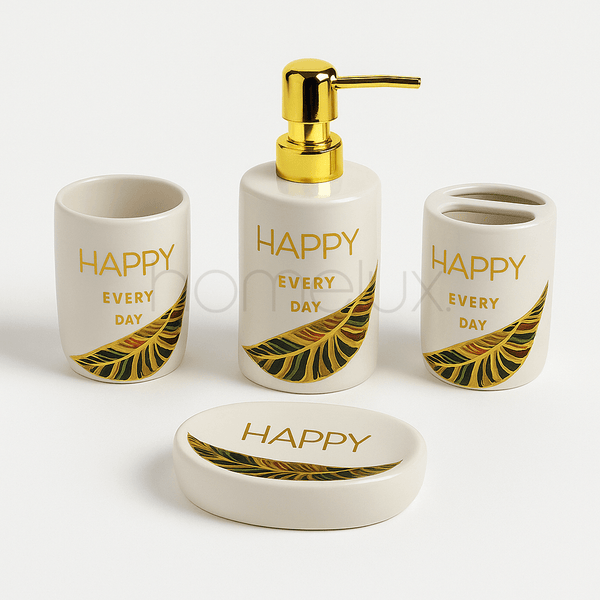 "Happy Every Day" 4-Piece Ceramic Bath Set with Gold Feather