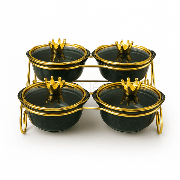 Black & Gold 4-Piece Crown Condiment Set with Stand
