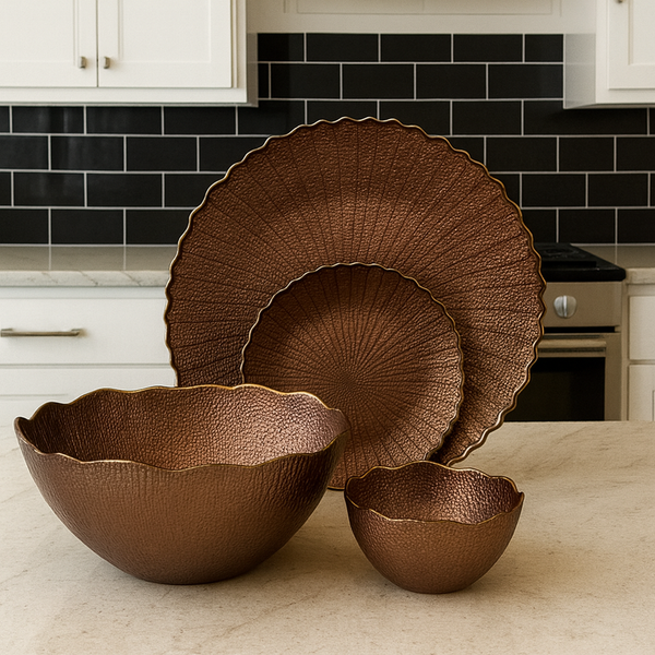 Rustic Bronze Textured Petal Serving Bowl and Plate Set (14 pieces)