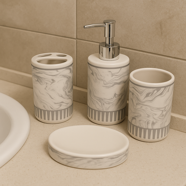 Monochrome Silver Marble 4-Piece Bath Accessory Set