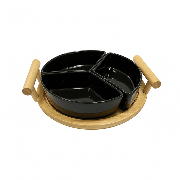 Black Ceramic 3-Partition Serving Tray with Wooden Base