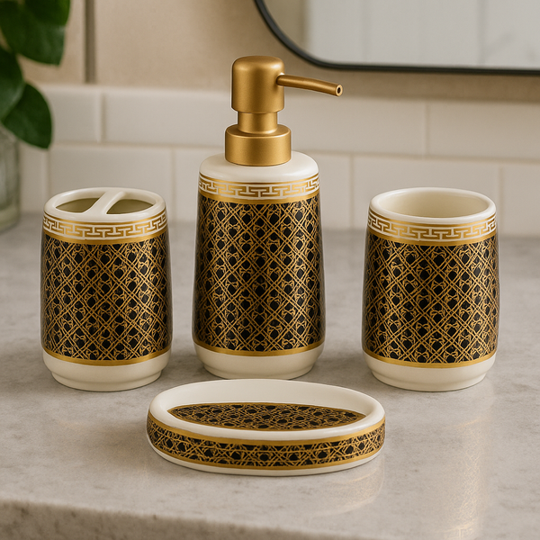 Regal Black and Gold Greek Key 4-Piece Bath Accessory Set