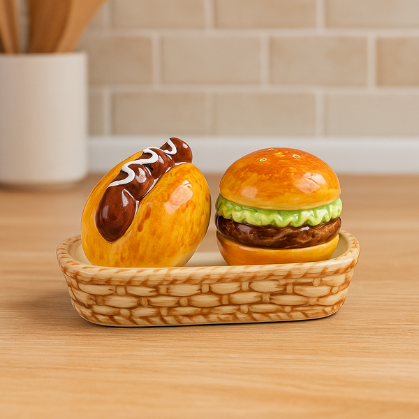 Novelty Fast Food Ceramic Salt and Pepper Shaker Set with Basket Tray