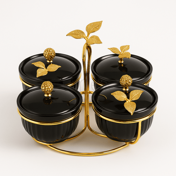 Black & Gold 4-Piece Leaf Condiment Set with Stand
