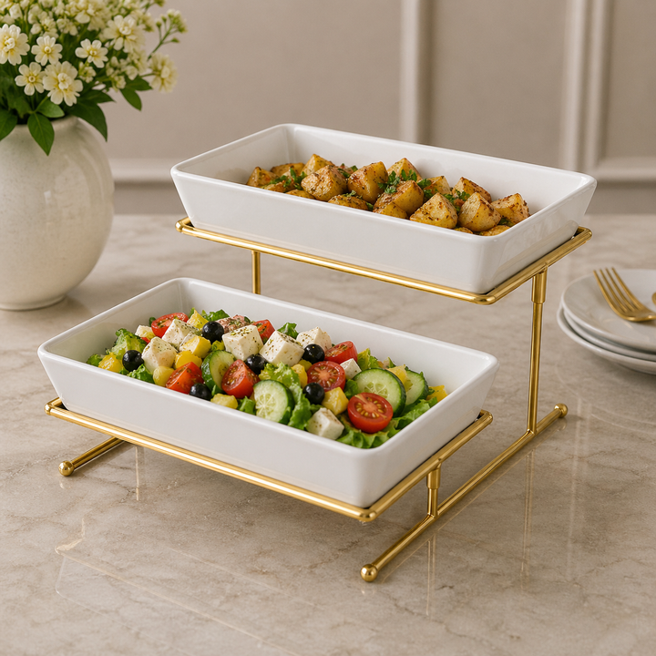 Brilliant 2-Tier Rectangular Serving Stand with Ceramic Trays – HomeLux