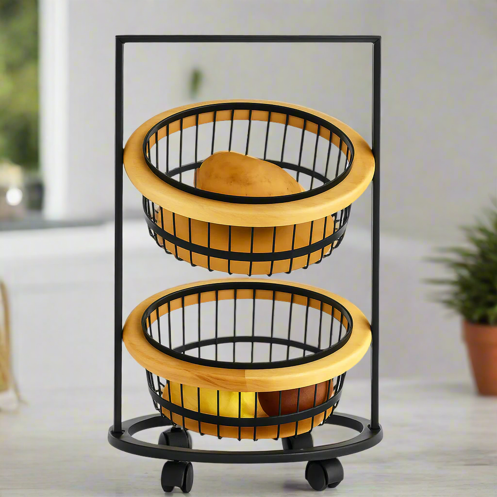 Wood & Metal Basket Rolling Cart - 2 Layers