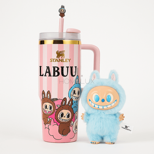 Stanley X Labubu Quencher Tumbler 40oz with Labubu Doll - Pink Stripes
