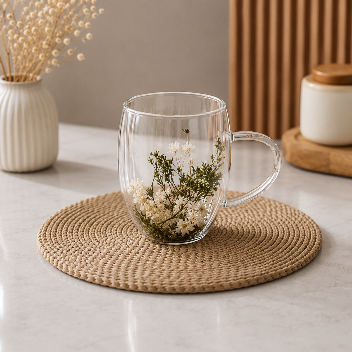 Floral Whisper Double-Wall Glass Mug – 350ml