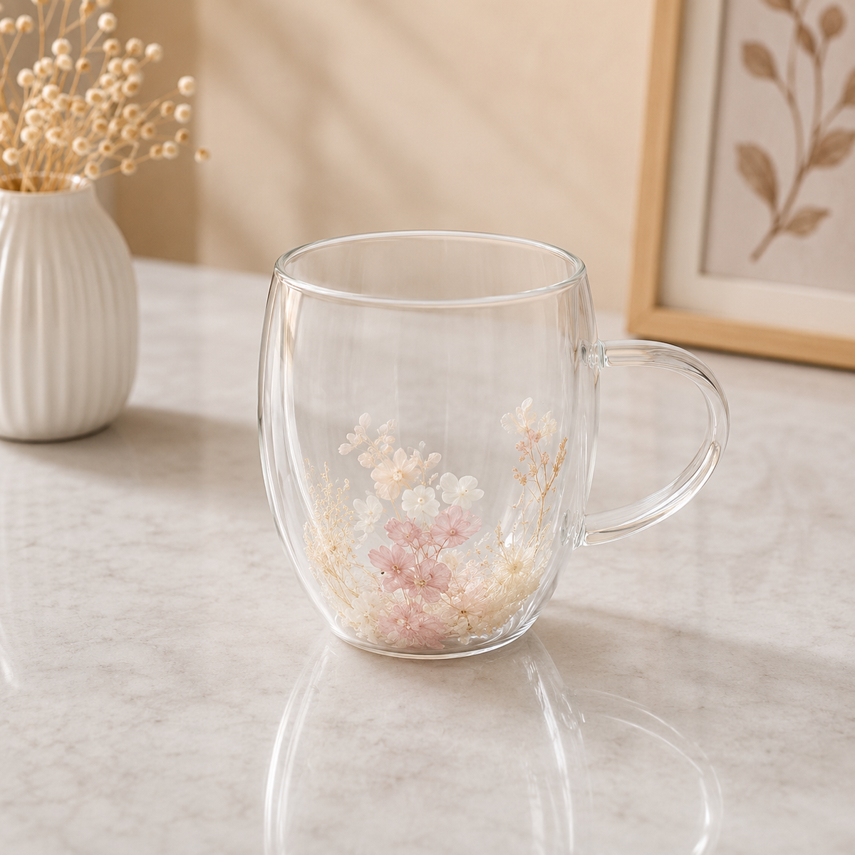 Bloom Elegance Double-Wall Glass Mug – 350ml