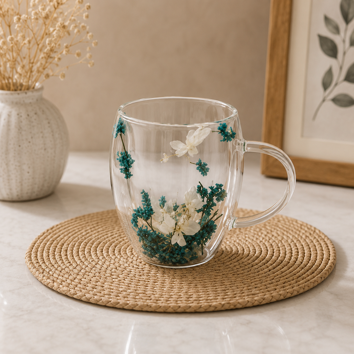 Azure Blossom Double-Wall Glass Mug – 350ml