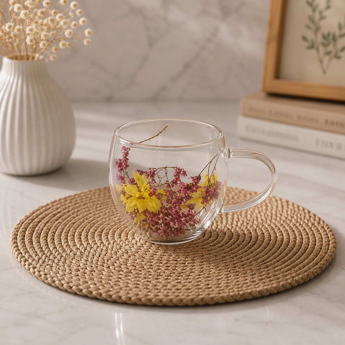 Sunshine Bloom Double-Wall Glass Mug – 250ml
