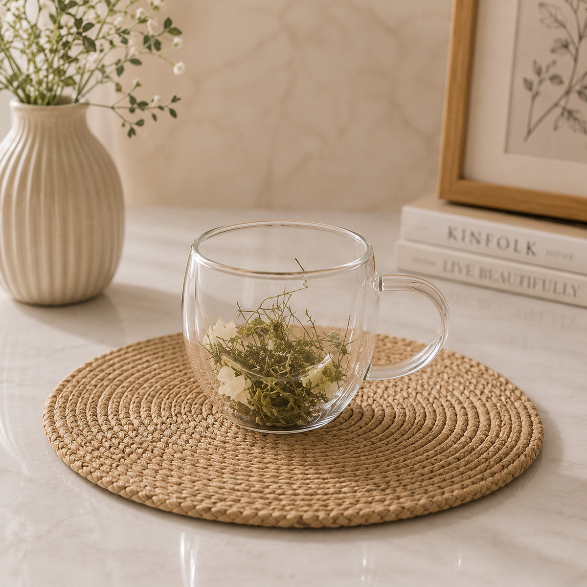 Meadow Bloom Double-Wall Glass Mug – 250ml