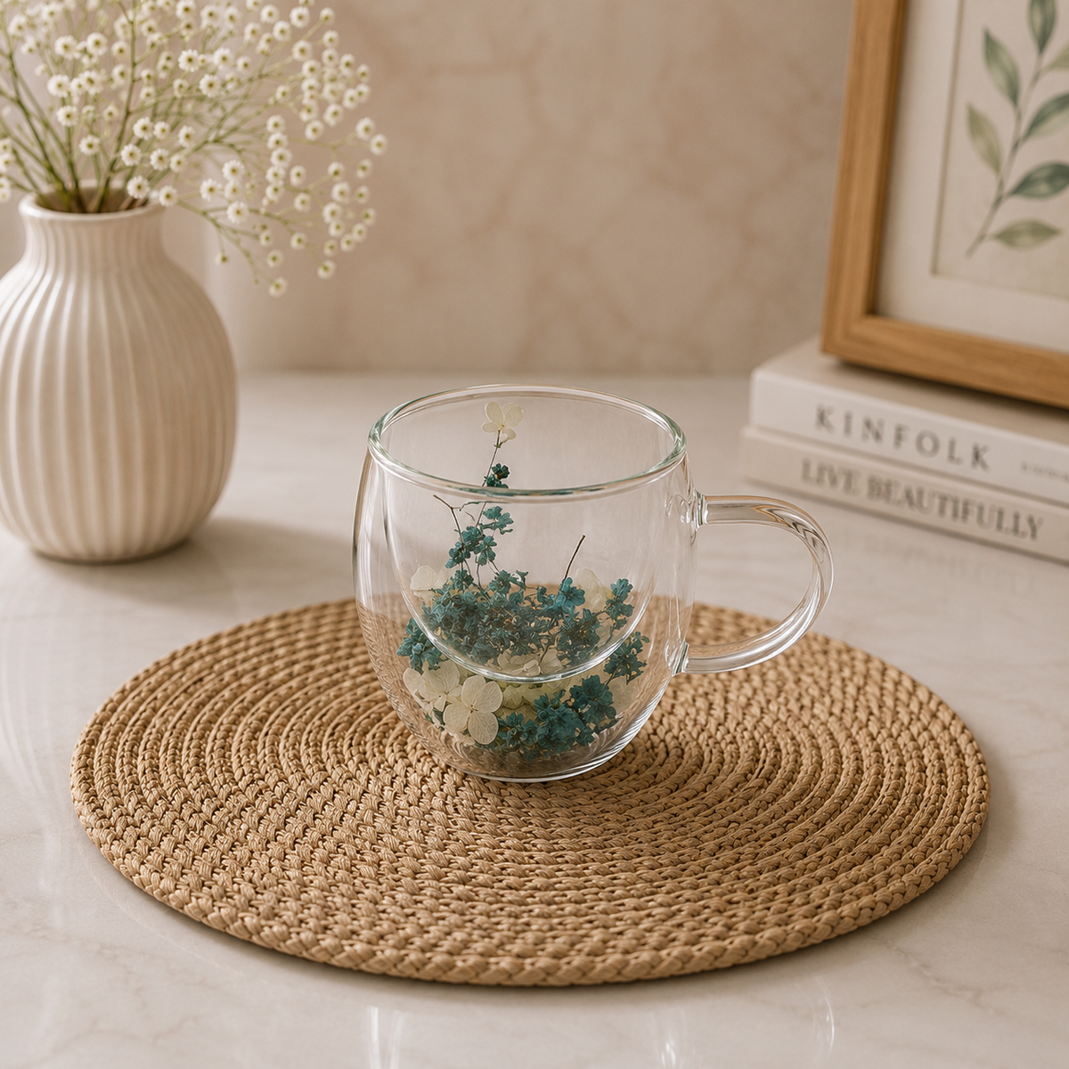 Ocean Bloom Double-Wall Glass Mug – 250ml