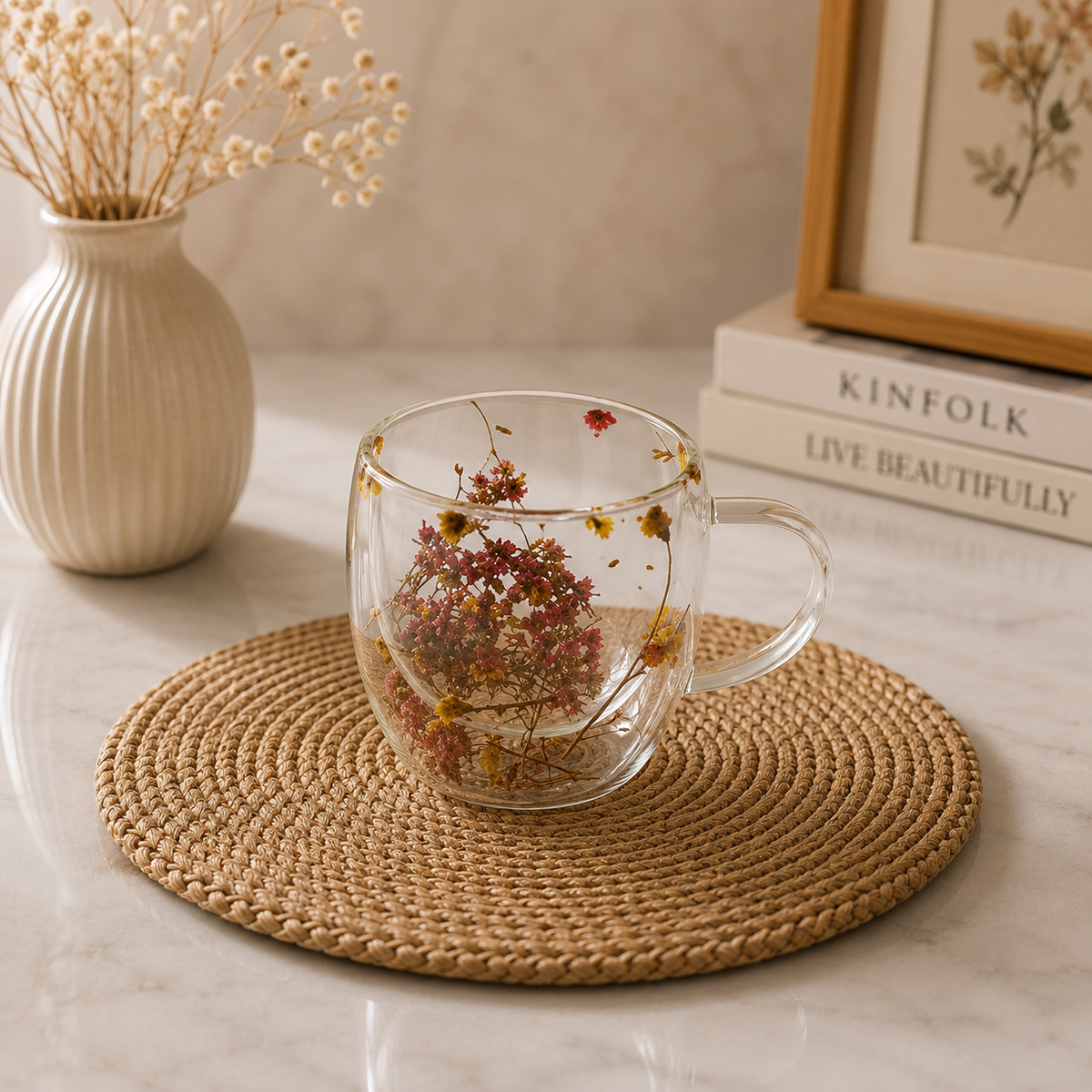 Wildflower Charm Double-Wall Glass Mug – 250ml