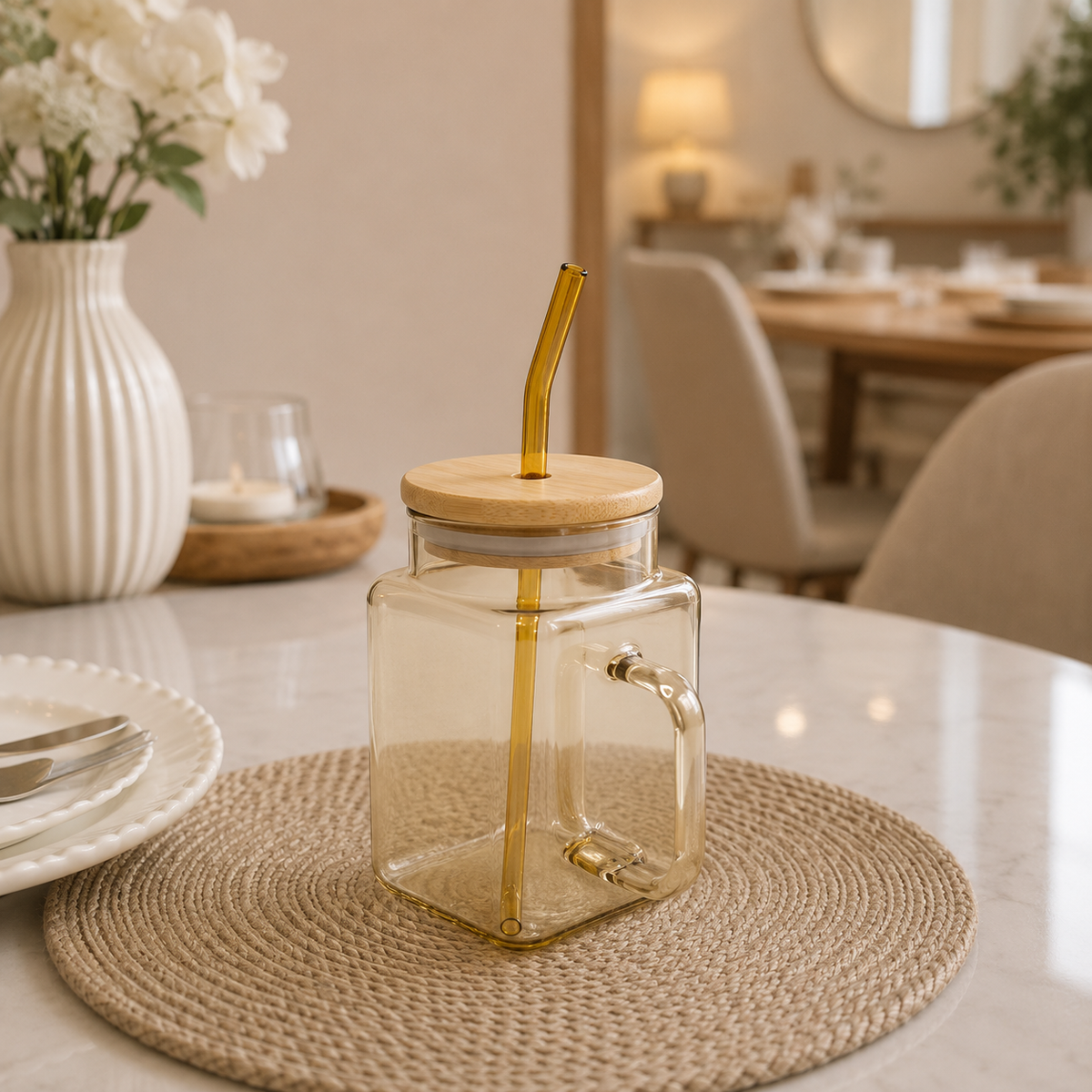 Amber Cube Glass Sipper Mug with Bamboo Lid & Glass Straw