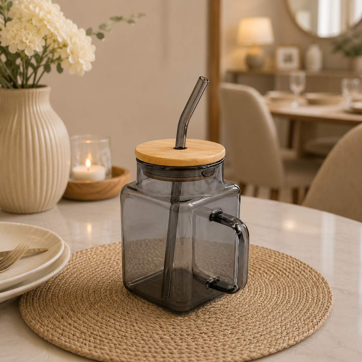 Smoke Cube Glass Sipper Mug with Bamboo Lid & Glass Straw