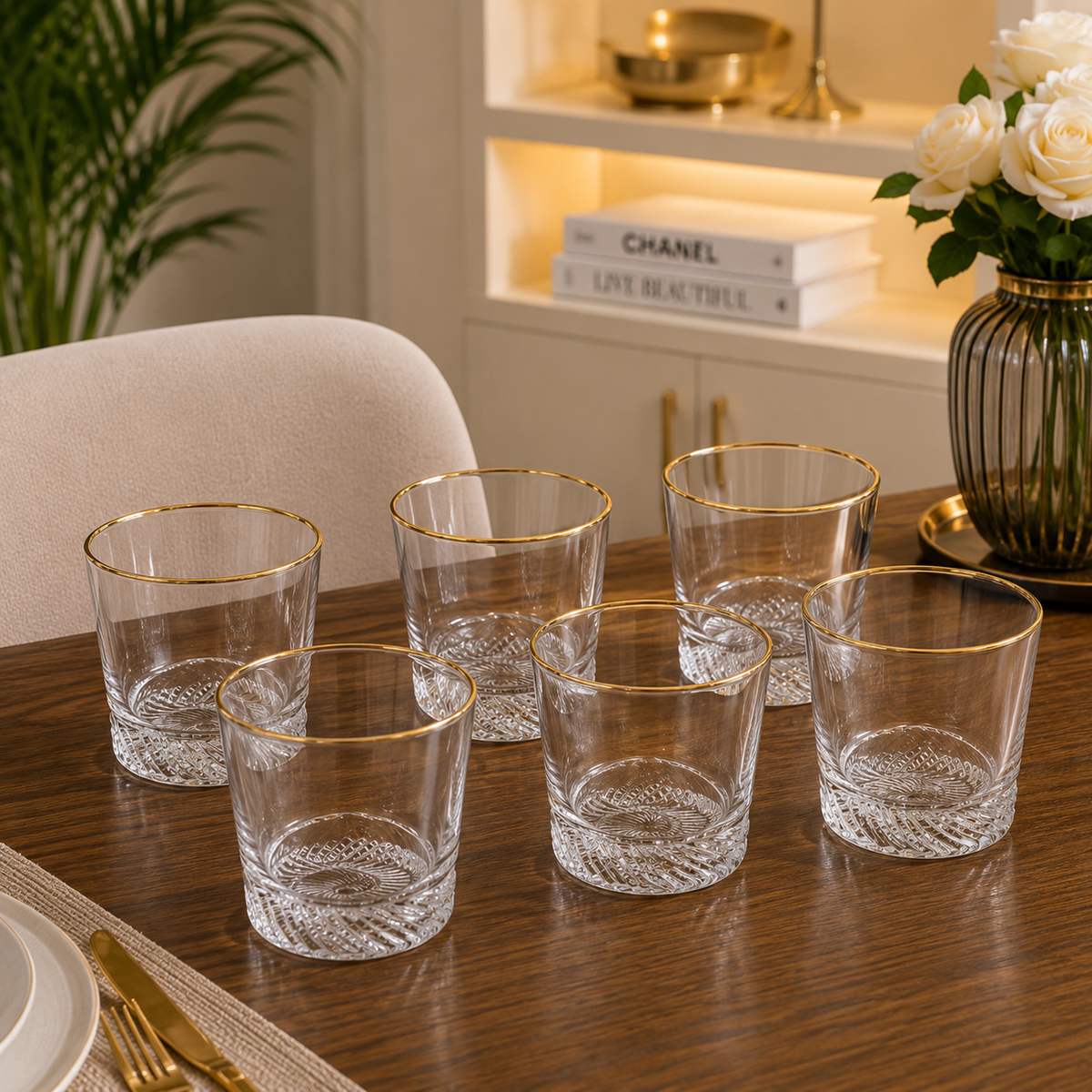 6-Piece Crystal Glass Tumbler Set with Gold Rim