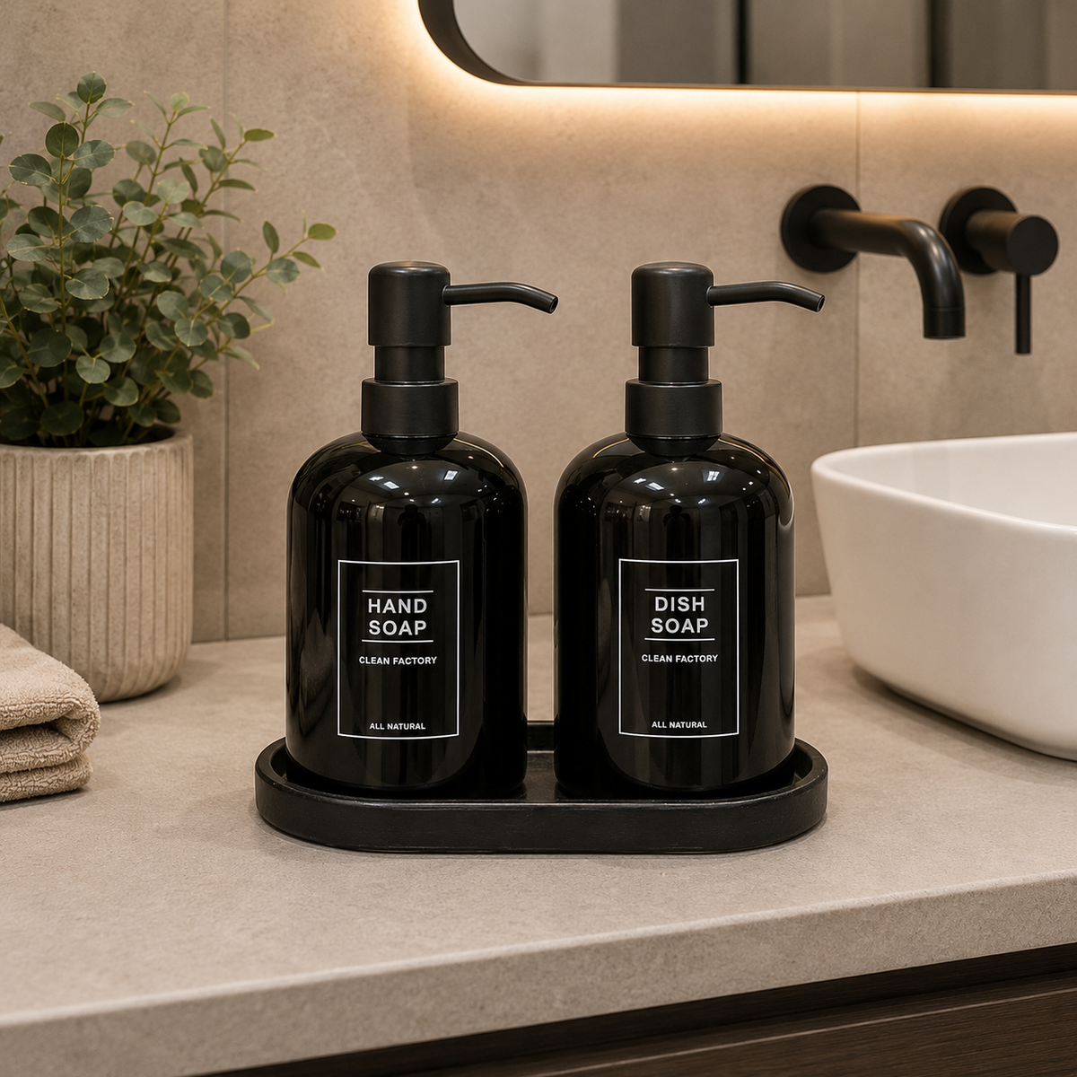 2-Piece Ceramic Soap Dispenser Set with Tray – Matte Black