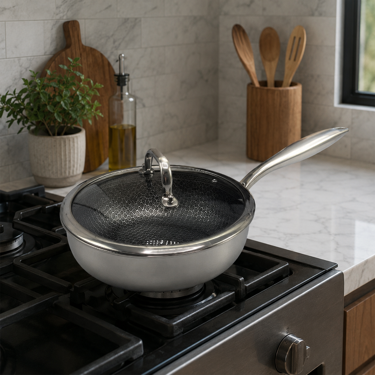 Stainless Steel Deep Fry Pan with Glass Lid | 24cm