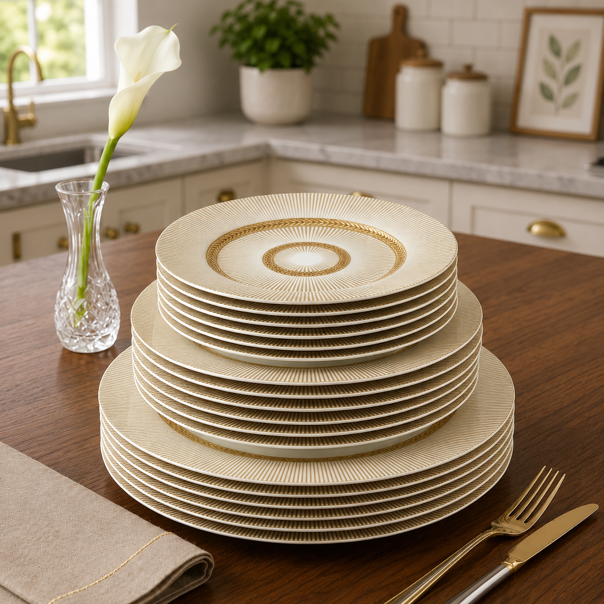 Bone China Plate Set – 18 Pieces Elegant Gold Accent Dinnerware Set