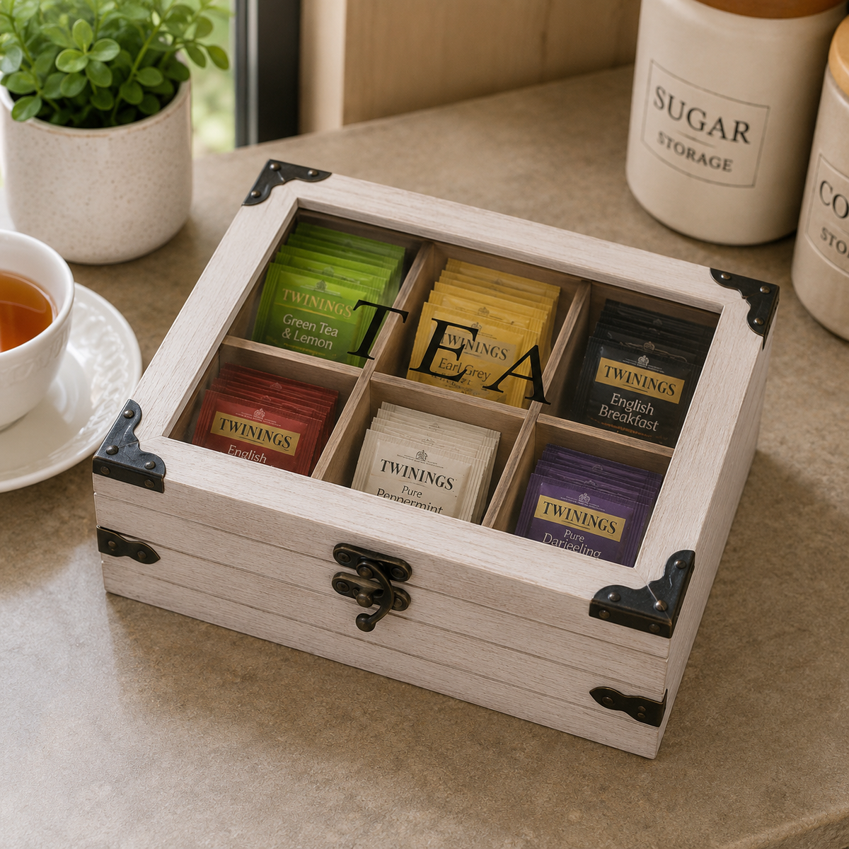 Rustic Wooden Tea Bag Storage Organizer