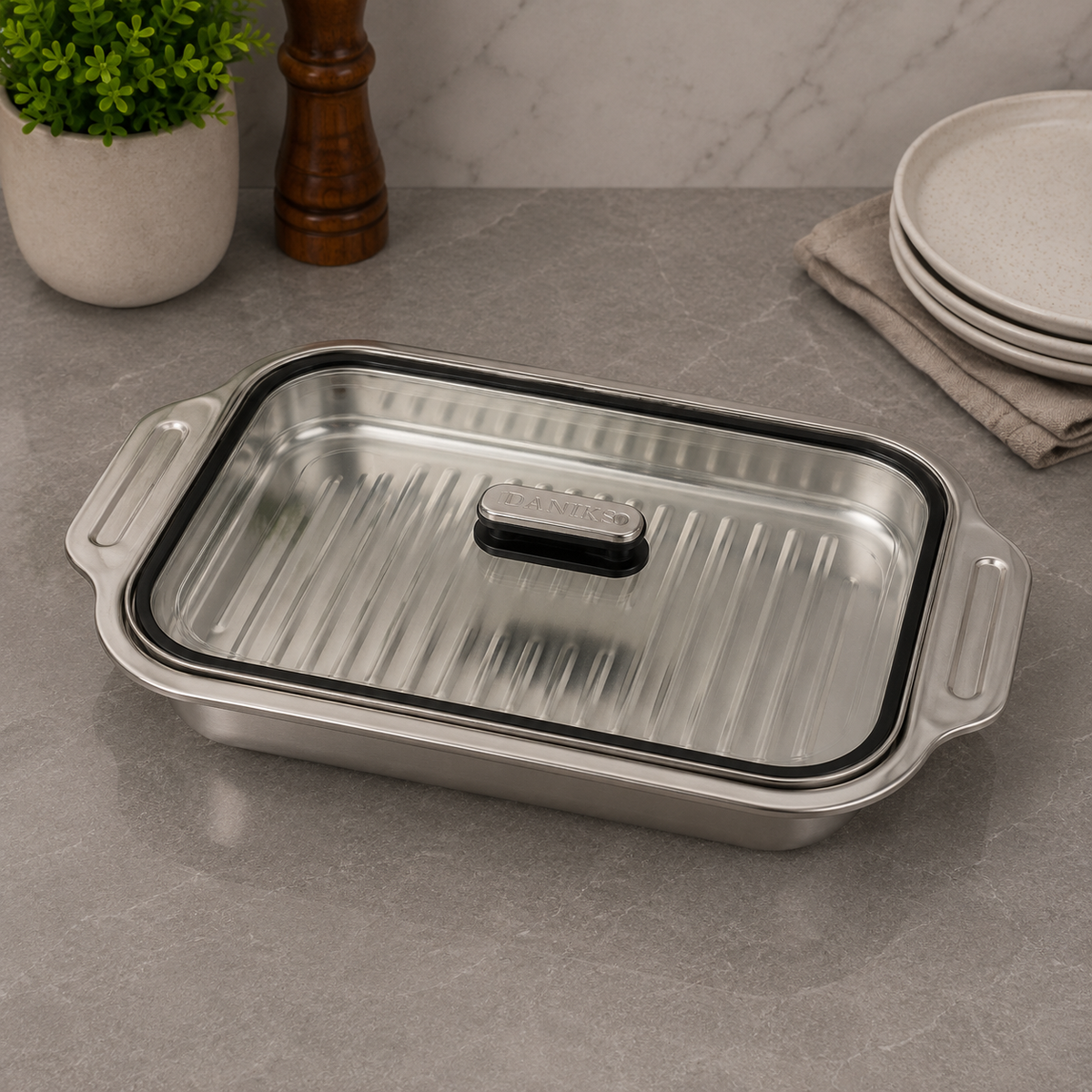 Premium Dish with Glass Lid – 42 x 26 x 6cm
