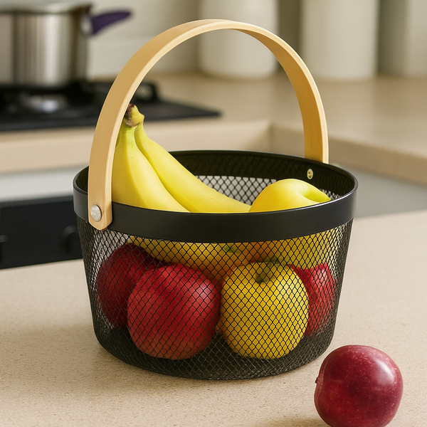 Fruit Mesh Basket Round With Wooden Handle