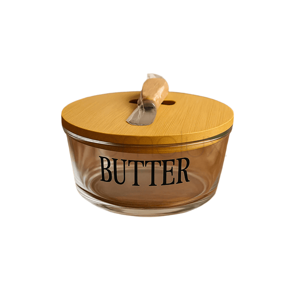 Premium Glass Butter Dish with Airlock Wooden Lid - Round
