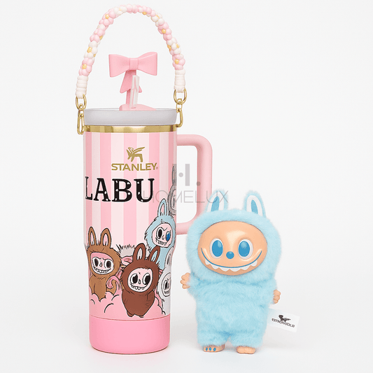 Stanley X Labubu Quencher Tumbler 40oz with Labubu Doll - Pink Stripes